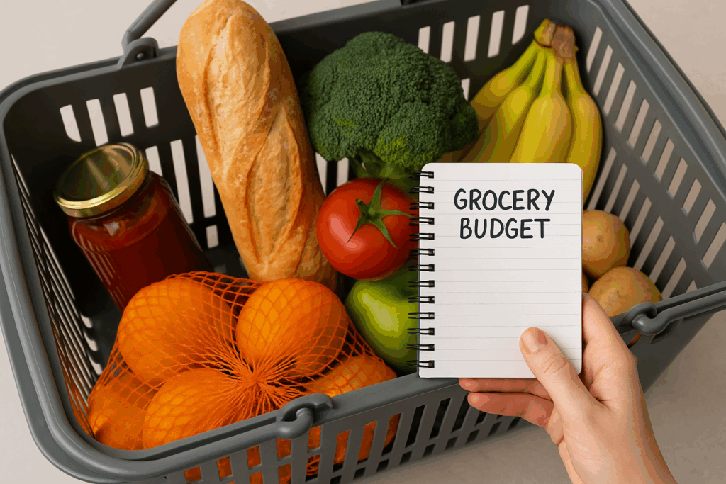 Einkaufskorb mit Lebensmitteln und Budget-Notiz – Beispiel für flexible Haushaltskosten bei der Finanzplanung.“