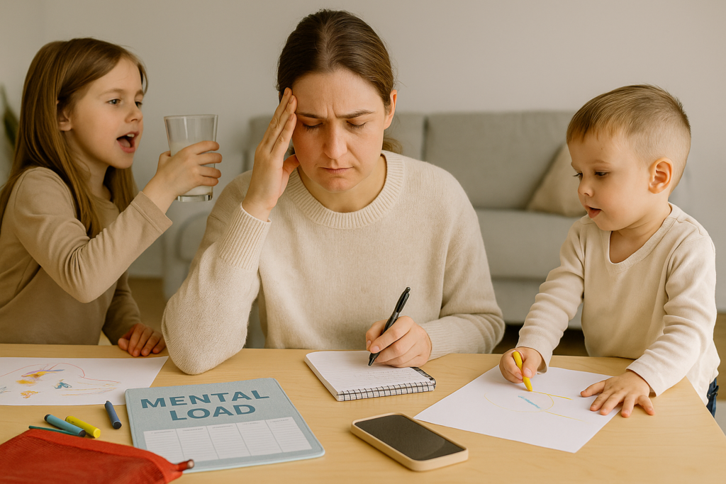 Alltagsszene mit Mama und Kindern beim Planen