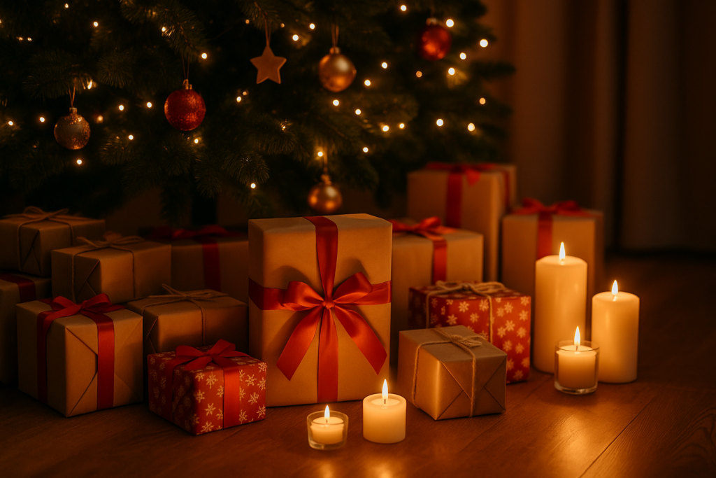 Gemütlicher Wohnraum mit Weihnachtsdekoration und Geschenken unter dem Baum“