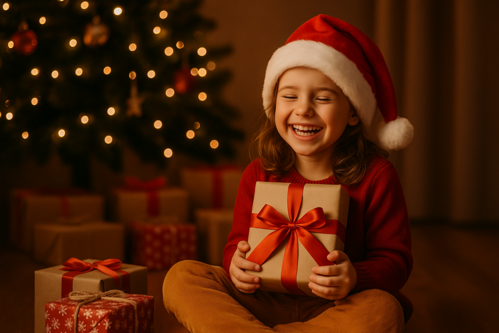 armes Weihnachtslicht und festliche Dekoration mit glücklichen Kind als Symbol für magische Familienzeit“