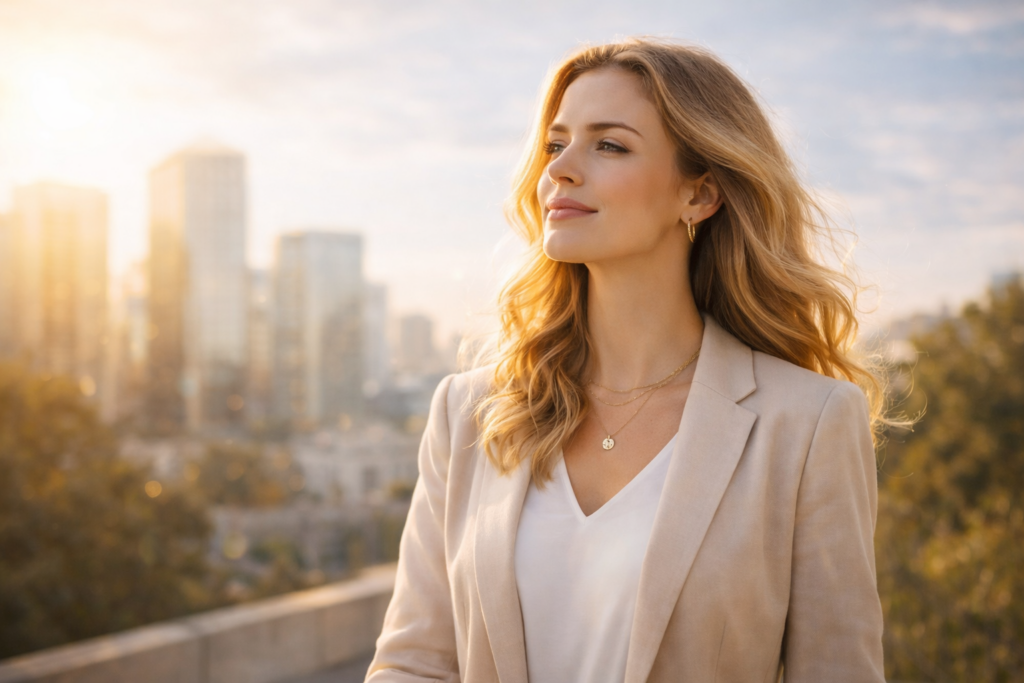 Selbstbestimmung, Klarheit, Wachstum - Geldblockaden gelöst, Frau blickt nach vorn