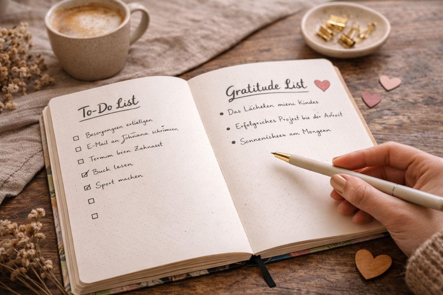 Journal mit Dankbarkeitsliste oder Bullet-Listen