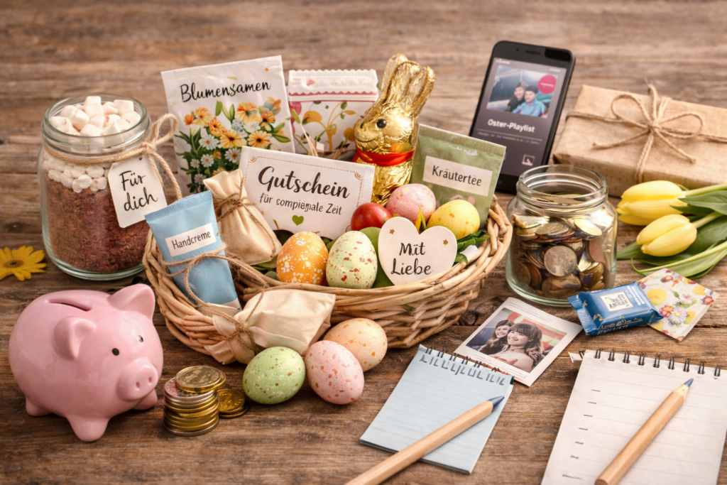 Ostergeschenke + Sparsymbol, das kostengünstige Oster