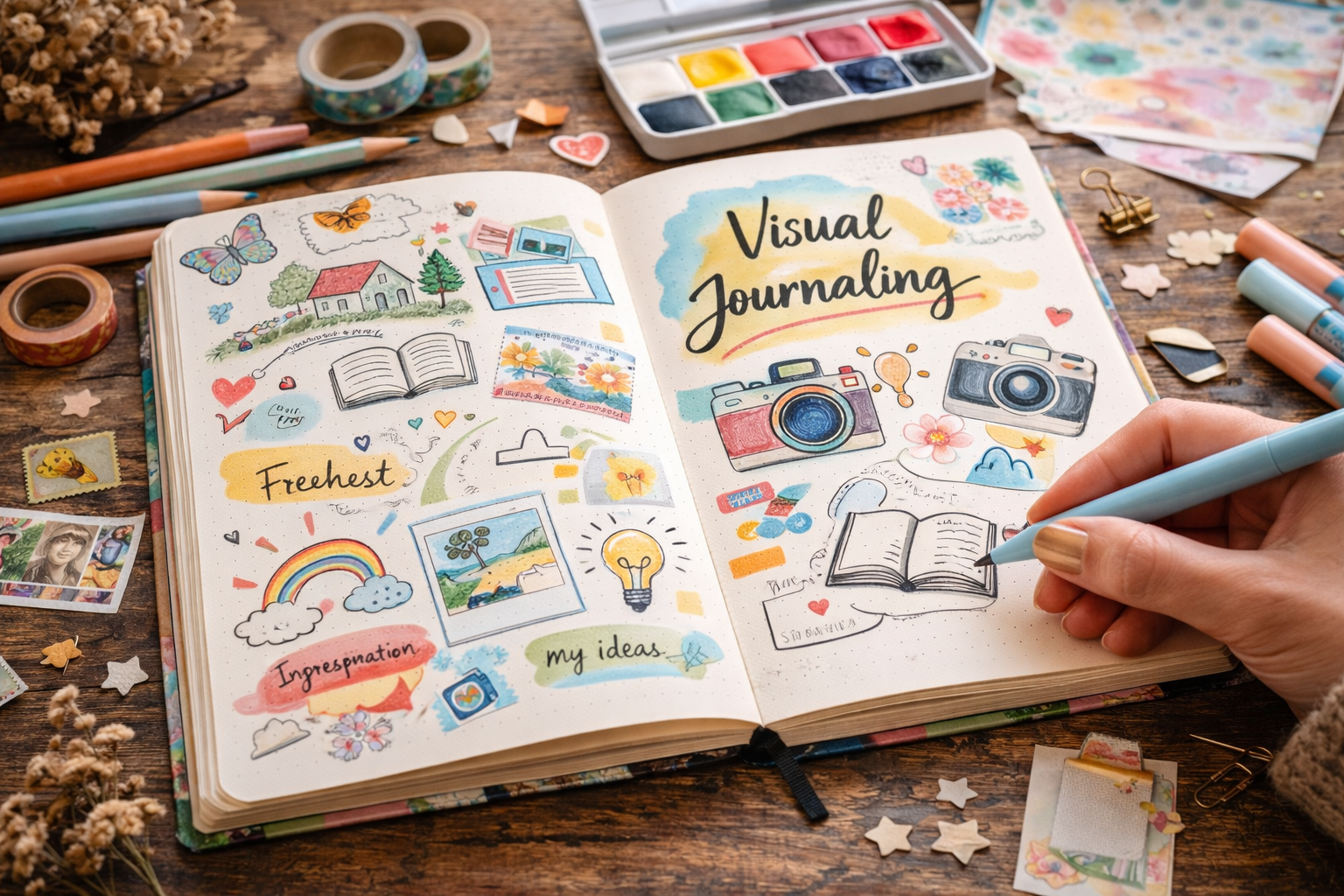 Journal-Seite oder Tagebuchseite mit Zeichnungen, Sketchnotes, Stickern, Farben und Collage-Elementen