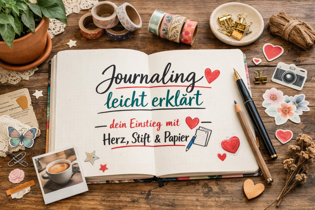 Offenes Journal mit handgeschriebener Überschrift „Journaling leicht erklärt – dein Einstieg mit Herz, Stift und Papier“, umgeben von Stift, Washi Tape, Stickern und kreativen Journaling-Elementen auf einem Holztisch.