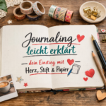 Offenes Journal mit handgeschriebener Überschrift „Journaling leicht erklärt – dein Einstieg mit Herz, Stift und Papier“, umgeben von Stift, Washi Tape, Stickern und kreativen Journaling-Elementen auf einem Holztisch.