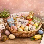 Günstige Ostergeschenke für Frauen: 10 kreative, budgetfreundliche Ideen Günstige Ostergeschenke in einem Korb mit Schokolade, Blumensamen, Tee, bunten Eiern und Sparsymbolen auf Holztisch für bewusstes sparen