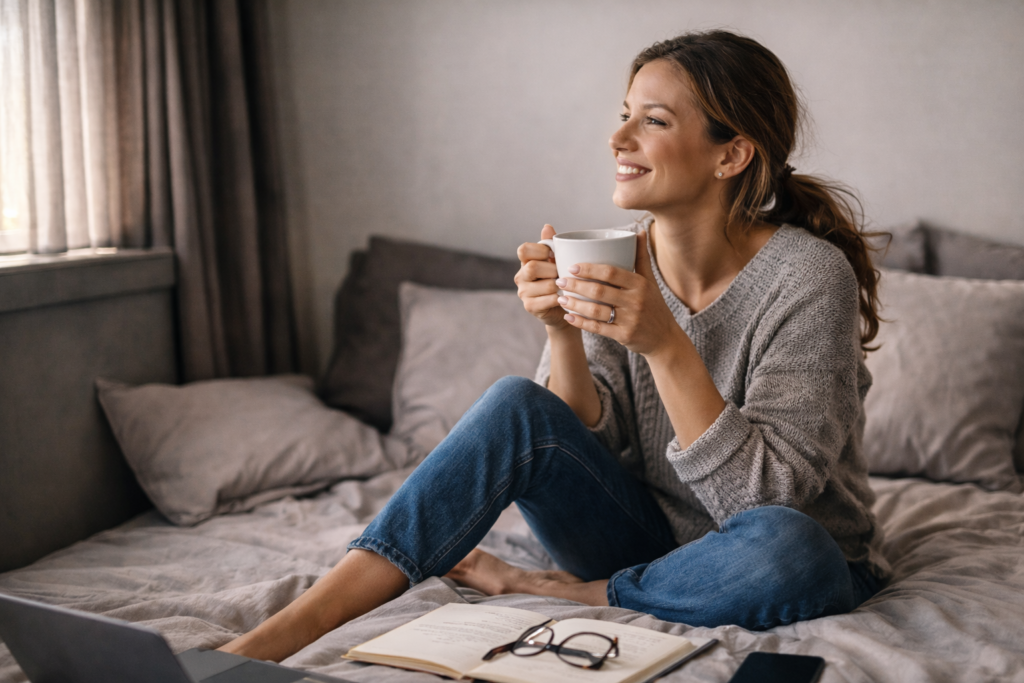 Frau sitzt sehr entspannt bei der Finanzplanung
