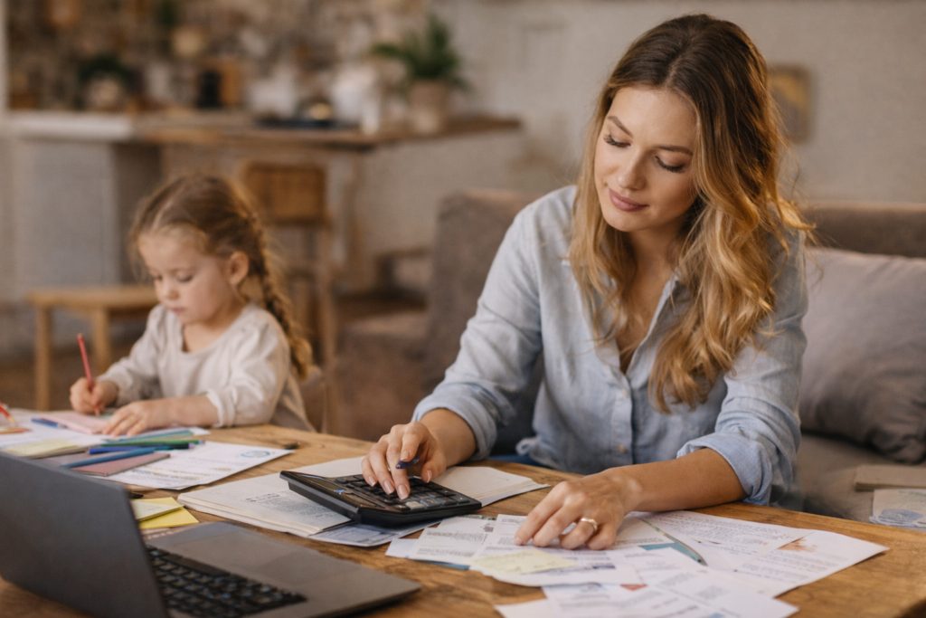 Finanzielle Unabhängigkeit für Mütter: Frau organisiert Alltag, Kind und Geld trotz Care-Arbeit