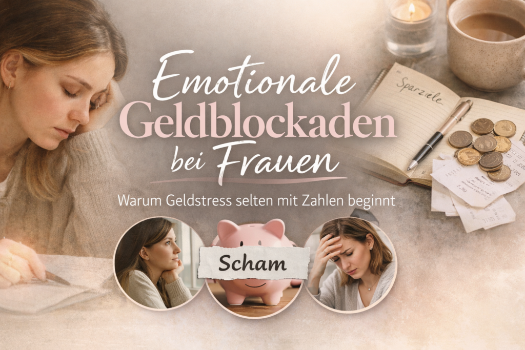 Nachdenkliche Frau sitzt mit Notizbuch am Tisch – emotionale Geldblockaden und Geldstress bei Frauen“