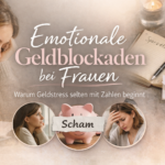 Emotionale Geldblockaden bei Frauen Nachdenkliche Frau sitzt mit Notizbuch am Tisch – emotionale Geldblockaden und Geldstress bei Frauen“