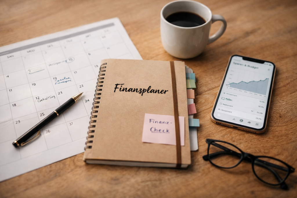 Finanzplanung mit Übersicht - mit Laptop und Rechnungen am Tisch.