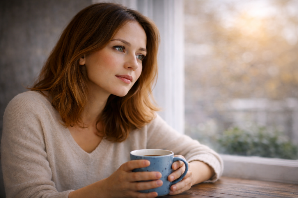 Nachdenkliche Frau am Fenster mit Kaffeetasse – Sinnbild für Money Mindset, Selbstreflexion und innere Arbeit an Geld-Glaubenssätzen