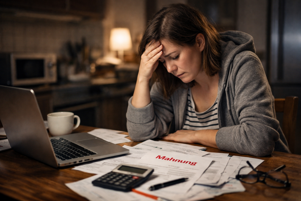 Person sitzt abends gestresst mit Laptop und Rechnungen am Tisch.