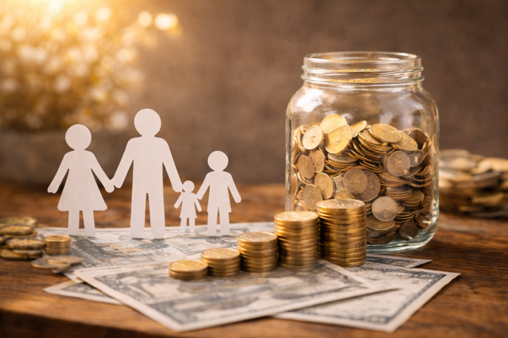 Glas mit Münzen und Papier-Familie auf Geldscheinen – symbolisiert Geld und Erziehung sowie finanzielle Prägung in der Kindheit