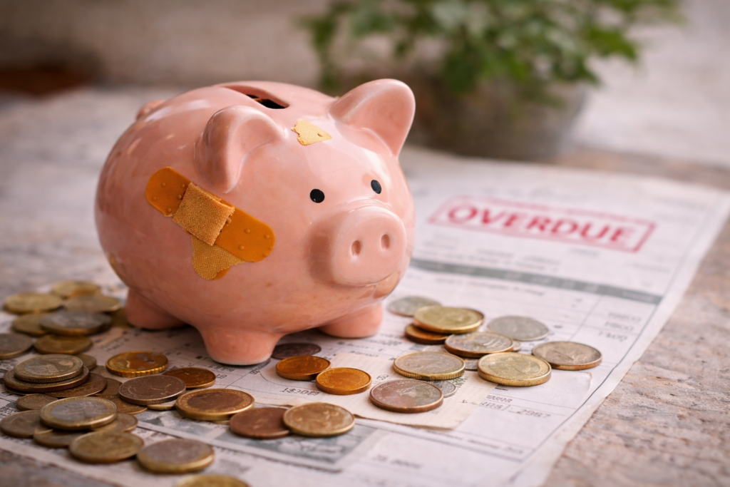 Sparschwein mit Pflastern auf überfälliger Rechnung – steht für Schulden, finanzielle Unsicherheit und negative Geldmuster