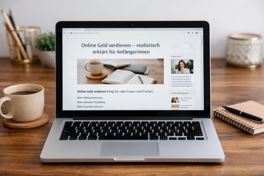 Laptop mit Blogartikel über Online Geld verdienen – realistisch erklärt für Anfängerinnen
